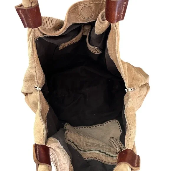 49 Square Miles Nubuck Leather Slouchy Hobo Shoulder Bag Perforated Tan Tote - Picture 12 of 14